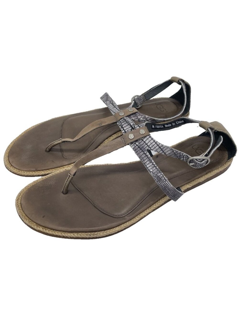 UGG Kennaria Snake Grey Leather T-Strap Slingback Thong Sandals Women’s 6